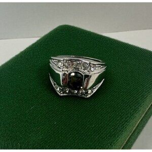Vintage Mens Silver Tone Costume Ring Bling Green Glass CZ 10.5